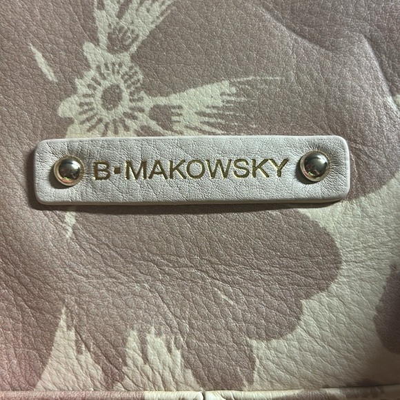 B•Makowsky Tan & Pink Genuine Leather Floral Tote Shoulder Bag EUC - Picture 4 of 7